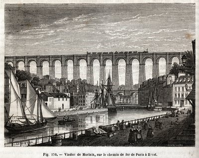 Morlaix viadukt, na železnici z Paříže do Brestu (Francie). Rytina od Lebretona et Marchanda, v „”Les Merveilles de la Science”” od Louise Figuiera (1819-1894), vydání Jouvet et Cie od French School
