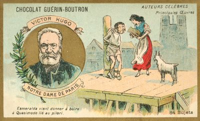 Victor Hugo, francouzský autor, a scéna z jeho románu Notre Dame de Paris (chromolitho) od French School