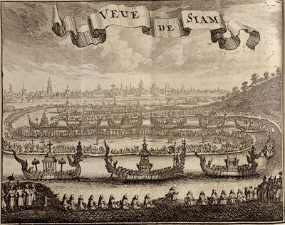 Pohled na Ayutthayu s královskými bárkami, z knihy Guy Tacharda Voyage du Siam des Peres Jesuites, 1688. od French School
