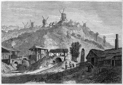Pohled na Montmartre v roce 1859, před připojením k městu Paříži v roce 1860. Pohled z roviny Saint Denis. Rytina v „“ Le Monde Illustré““ č. 141 z 24. prosince 1859. od French School