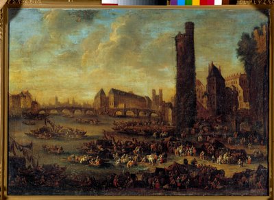Pohled na Paříž z Côte de la Cite převzatý z malby Tour de Nesles francouzské školy. 1650 ne. 0,59 x 0,82 m Versailles. Zámecké muzeum od French School