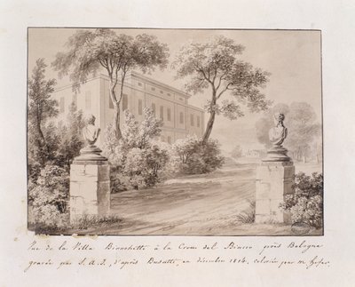 Pohled na Villa Bianchetti v Croce del Biacco poblíž Bologni, vyrytý S.A.I. podle Busattiho, koloroval M. Hofer, prosinec 1814 (kolor. rytina) od French School