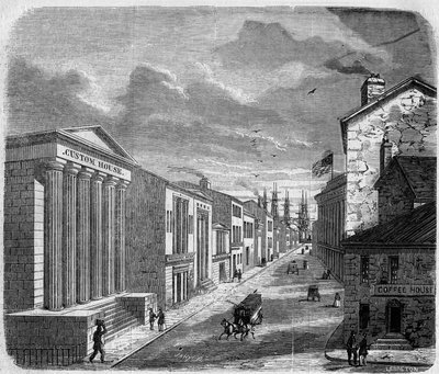 Pohled na Wall Street, bankovní čtvrť, New York, New York. Spojené státy americké (Spojené státy americké) od French School