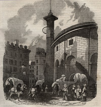 Pohled na halle au ble v Paříži (postavena v letech 1763-1769) a Medicejský sloup, rytina začátek 19. století - burza pšenice a kukuřice v Paříži (postavena v letech 1763-1769), rytina počátek 19. století - Pohled na Halle au ble, umístěn na současném Hote od French School