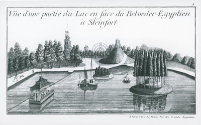 Pohled na část jezera před egyptským Belvederem ve Steinfortu, z „Jardins Anglo-Chinois de la Mode“ od George Louise Le Rouge, vydáno 1776-90 (rytina) (č/b foto) od French School