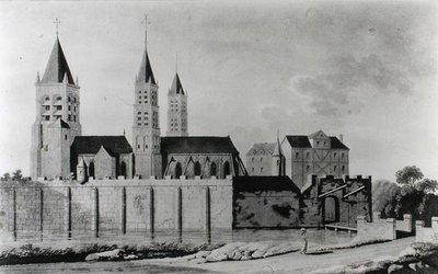 Pohled na opatství Saint-Germain-des-Pres na začátku 15. století (litografie) (čb foto) od French School