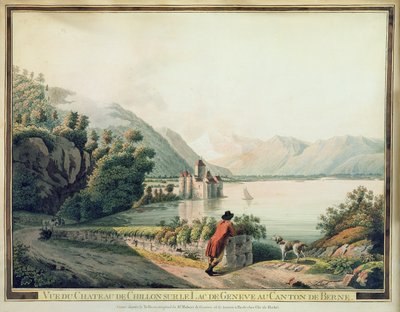 Pohled na Chateau de Chillon, Ženevské jezero (barevný lept) od French School