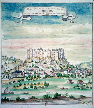 Pohled na Chateau de Chinon Akvarel z francouzské školy. 1699 Paříž, B.N. od French School