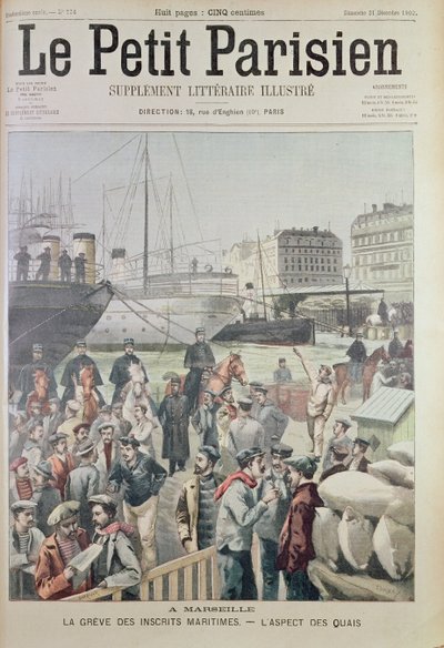 Pohled na doky v Marseille během námořní stávky, z přední obálky Le Petit Parisien, 21. prosince 1902 od French School
