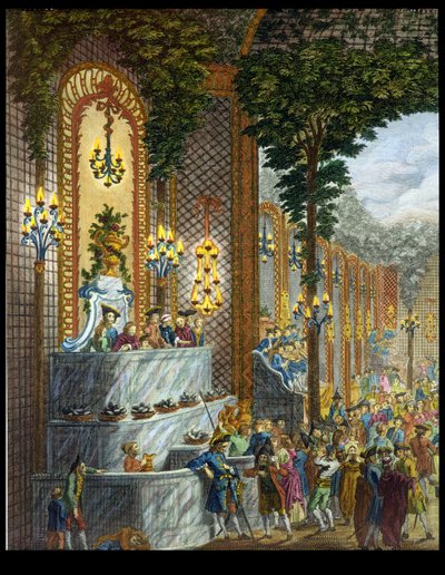 Pohled na interiér v jednom z pokojů Place de Louis le Grand, Pohled na vchod do Salonu (detail 101860) (barevná rytina) od French School