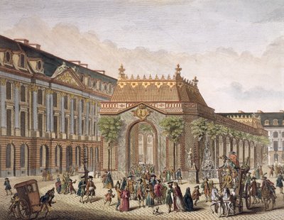Pohled na Place de Louis le Grand, s jednou z místností postavenou u příležitosti svatby Monseigneura le Dauphina (detail 101866) (barevná rytina) od French School