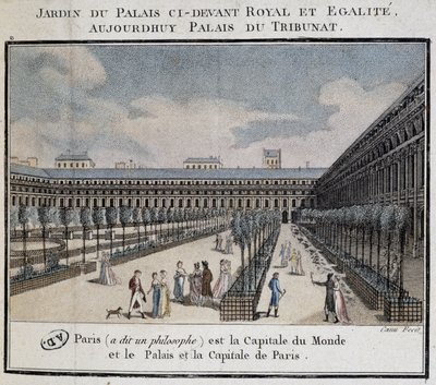 Pohled na královský palác (Palais du Tribunat) se zahradou a chodci od French School