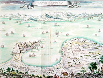 Pohled na obléhání Gibraltaru v roce 1704 (wc na papíře) od French School
