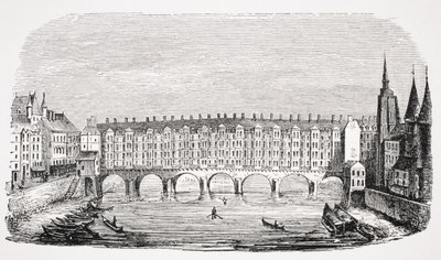 Pohled na starověký Pont-au-Change, z rytiny ‚Topografie Paříže‘, z ‚Le Moyen Age et La Renaissance‘ od Paula Lacroixe (1806-84) vydaného 1847 od French School