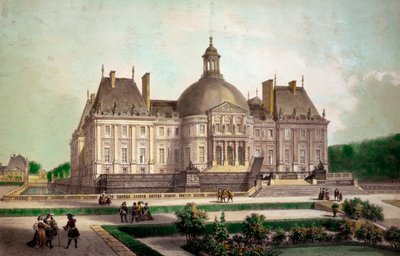 Pohled na hrad Vaux le Vicomte (Vaux-le-Vicomte) v Maincy (Seine-et-Marne), postavený kolem roku 1658. Tisky soukromé sbírky 19. století od French School