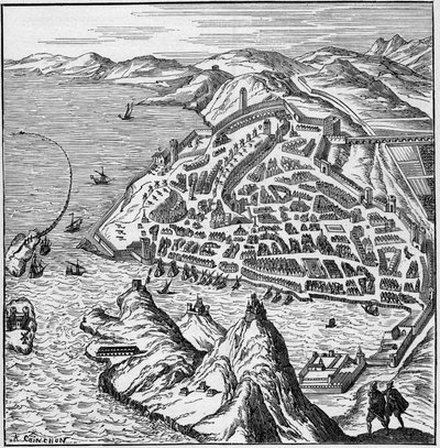 Pohled na město a přístav Marseille v 16. století. Rytina v „La Marine et les colonies: commerce“ od French School