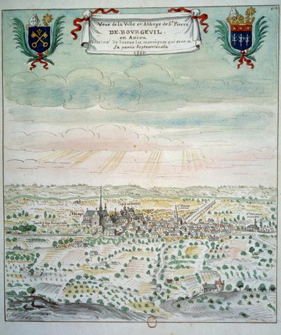 Pohled na město a opatství Saint Pierre de Bourgueil Akvarel z francouzské školy. 1699 Paříž, B.N. od French School