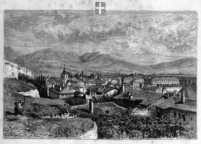 Pohled na město Chambery v Savojsku. Rytina z roku 1880 v soukromé sbírce „La republique illustree“. od French School