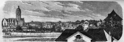 Pohled na okres města Kastrich v Mohuči (Německo), před výbuchem sudu s prachem v roce 1857. Z fotografie. Rytina v „“ Le Monde Illustré““ č. 36 z 19. prosince 1857. od French School