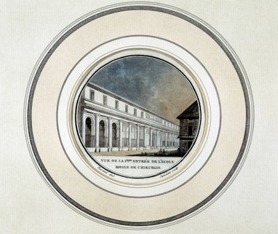 Pohled na vchod Royal School of Surgery - litografie od French School