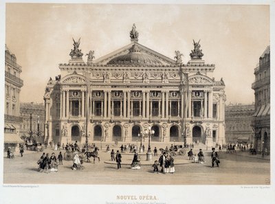 Pohled na fasádu opery Garnier v Paříži s výhledem na Boulevard des Capucines. Z 19. století akvarel Paříž, Musee Carnavalet od French School
