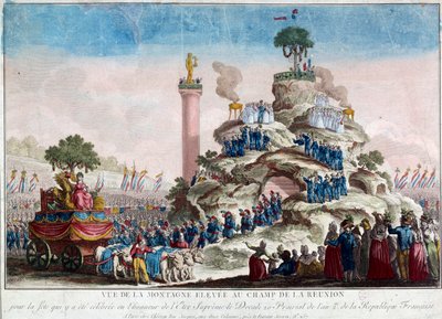 Pohled na vyvýšeninu na poli Reunion. 20 prairiální rok II (8. 6. 1794) u příležitosti slavnosti Nejvyšší bytosti Anonymní rytina z roku 1794. Paříž, Musee Carnavalet od French School