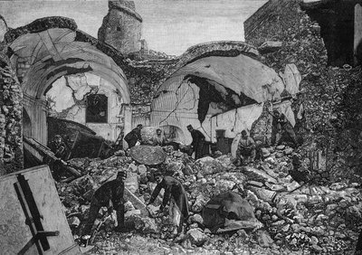 Pohled na ruiny Chiese del Purgatorio, zničené během zemětřesení v roce 1881 na ostrově Ischia (Itálie). Rytina Quesnela v „“The Illustrous World”” č. 1254 z 9. dubna 1881. od French School