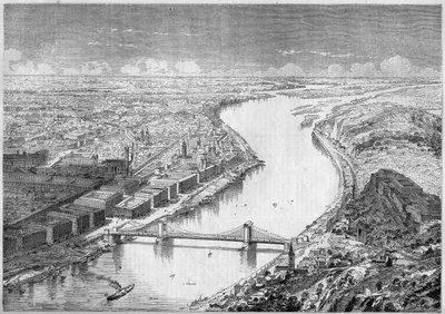 Pohledy na město Pesth (Pest), hlavní město Maďarska, v roce 1861, a na Szechenyiho most neboli Řetězový most, postavený v letech 1840 až 1849. Rytina v „“Le Monde Illustré““ č. 229 z 31. srpna 1861. od French School