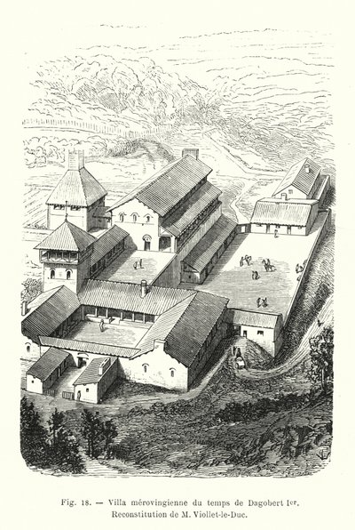Merovejská vila z doby Dagoberta I., Rekonstrukce od M Viollet-le-Duc (rytina) od French School
