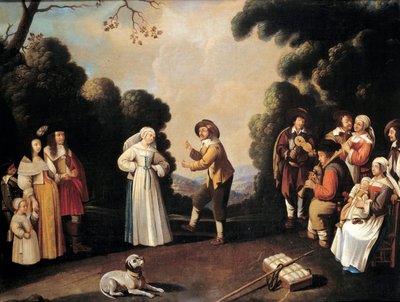 Vesnická taneční scéna pravděpodobně na svatební hostině, těhotná žena vlevo. Malba francouzské školy. 17. století Avignon, Musee Calvet od French School