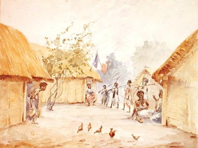 Vesnice na Madagaskaru v době jeho dobytí Francií v letech 1895-96 (akvarel na papíře) od French School