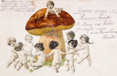 Francouzská pohlednice zobrazující děti (miminka) tančící kolem houby od French School