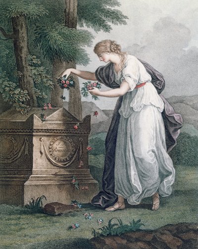 Ctnost vzdává hold v Rousseauově hrobce, Ermenonville (Tombeau de Jean Jacques Rousseau), 1866 (ručně kolorovaná tečkovaná rytina) od French School