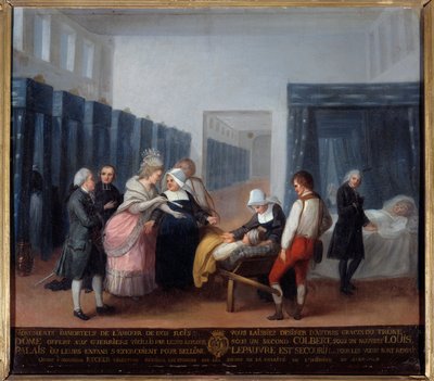 Návštěva pana a madame Neckerových v charitativním hospici Jedná se o nemocnici (dnes Neckerova nemocnice v Paříži) založenou ministrem a jeho manželkou, manželkou Lettresovou v roce 1778. Obraz Francouzské školy. 18. století. Paříž, Musee de l