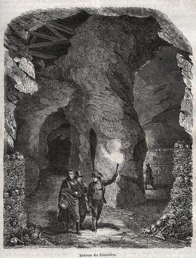 Návštěva katakomb v Paříži v 19. století – rytina do „“fyzických, občanských a morálních dějin Paříže: od nejstarších historických dob po současnost“ od Jacquese Antoina Dulaure od French School