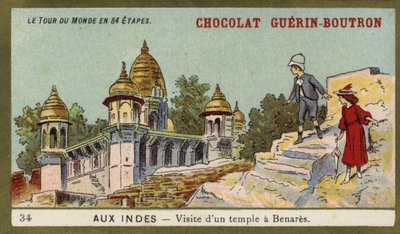 Návštěva chrámu v Benares, Indie (chromolitho) od French School