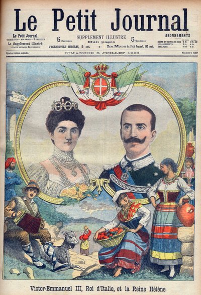 Vittorio Emanuele III di Savoia a Elena di Savoia - král Victor Emmanuel III a královna Elena z Itálie. Viktor Emanuel III., italský král a královna Helene. Ilustrace pro Le petit Journal, 5. července 1903. od French School