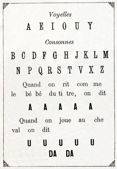 Samohlásky a Cononne v „“ Alphabet des petits savants“, konec 19. století (chromolitograf) od French School