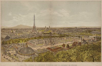 Celkový pohled na světovou výstavu, převzato z Esplanade des Invalides (barevná rytina) od French School