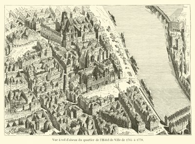 Pohled na čtvrť Hotel de Ville z let 1765 až 1778 z ptačí perspektivy od French School