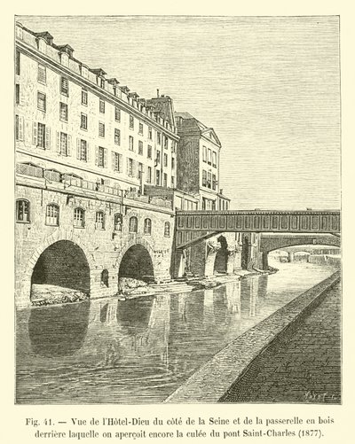Pohled na Hôtel-Dieu ze strany Seiny a dřevěnou lávku, za kterou ještě vidíme opěru mostu Saint-Charles, 1877 od French School