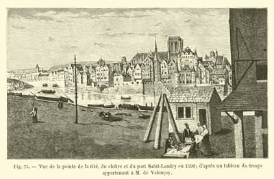 Pohled na cíp města, klášter a přístav Saint-Landry v roce 1590; z časového plánu patřícího M de Valencay od French School