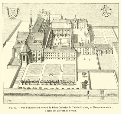 Celkový pohled na převorství Sainte-Catherine du Val des Ecoliers, v 17. století; z rytiny od Cochin od French School