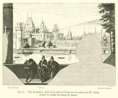 Pohled na Louvre, pořízený z Porte de Nesles kolem poloviny 15. století, podle oltářního obrazu Justičního paláce od French School
