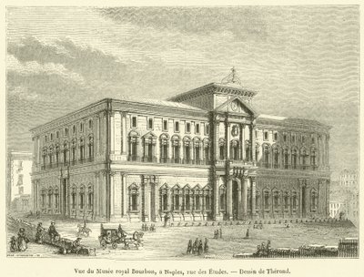 Pohled na Royal Bourbon Museum, v Neapoli, rue des Etudes (rytina) od French School