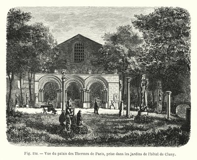 Pohled na Palais des Thermes v Paříži, převzatý ze zahrad Hôtel de Cluny (rytina) od French School