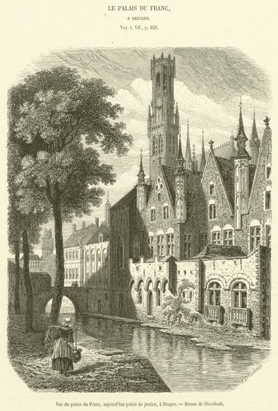 Pohled na Palais du Franc, nyní soudní budova, v Bruggách (rytina) od French School