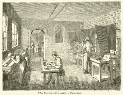 Pohled na slévárnu tiskařských typů (rytina) od French School