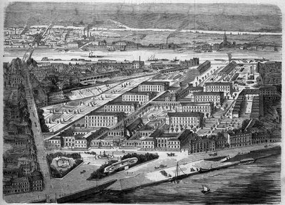 Vnější pohled na Hotel Dieu (Hotel-Dieu) v Nantes, slavnostně otevřen v roce 1863. Tato nemocnice byla téměř úplně zničena během bombardování v roce 1943. Loire Atlantique (44). Rytina v ""Le Monde Illustre"" č. 347 z 5. prosince 1863. od French School