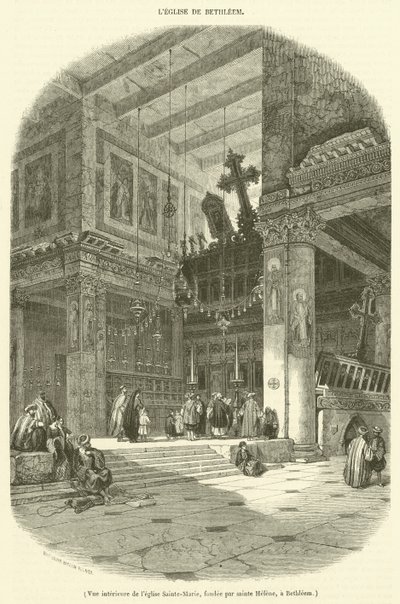 Vnitřní pohled na kostel Panny Marie, založený Svatou Helenou, v Betlémě (rytina) od French School